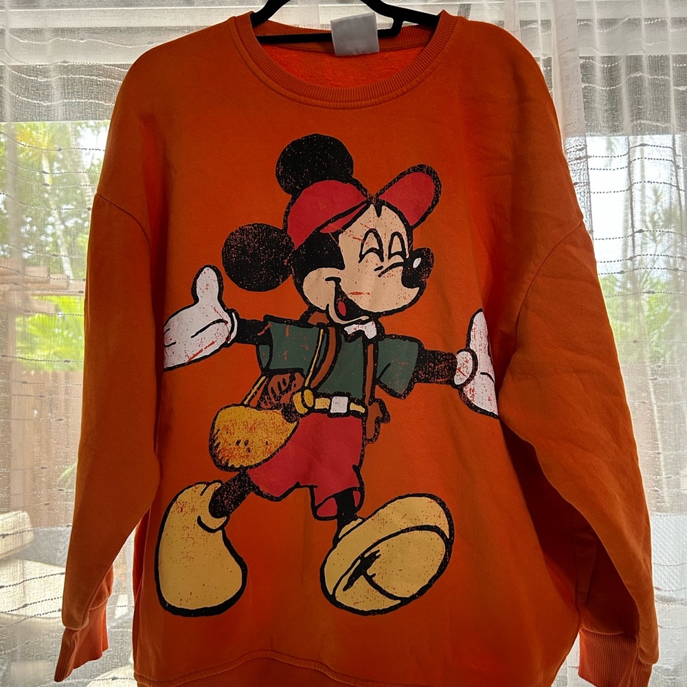 Disney Orange Crewneck Sweater with Mickey Mouse Design